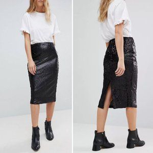 MINKPINK Bordeaux Black Sequin Paillette Rear Vent Midi Pencil Skirt Size XS NWT